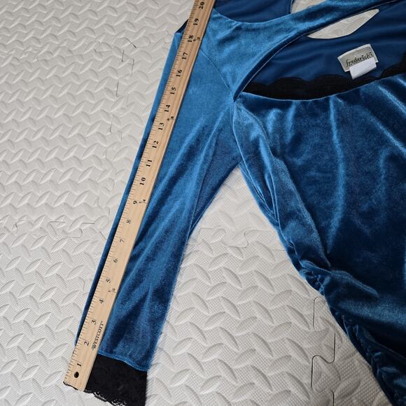 Vintage Frederick's Of Hollywood Bodycon Dress Peacock Blue Stretch Velvet Lace - Picture 10 of 11